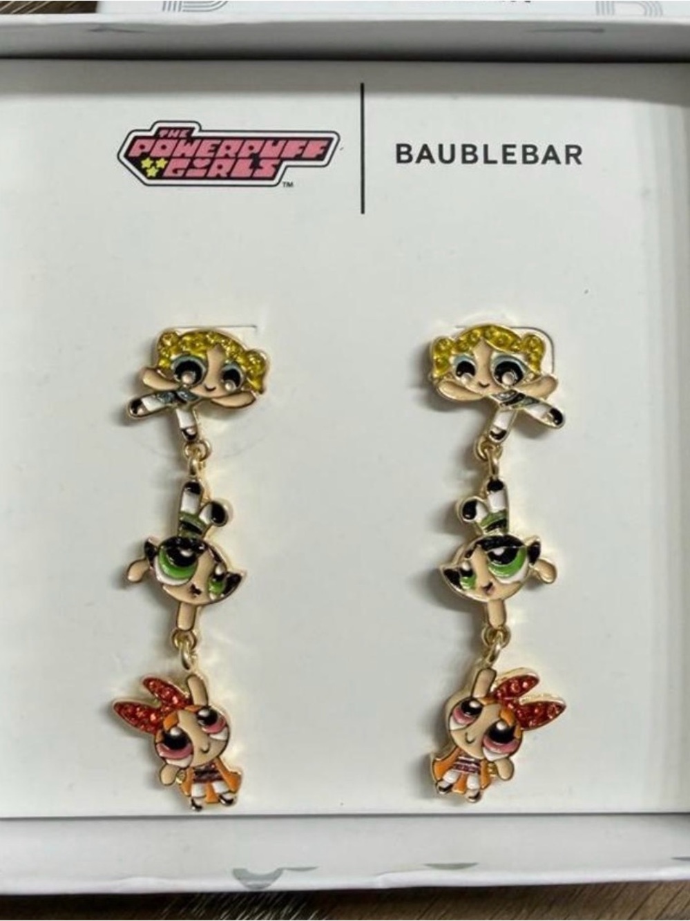 BaubleBar Powerpuff Girls Triple Charm Dangle Earrings in Green, Pink & Yellow